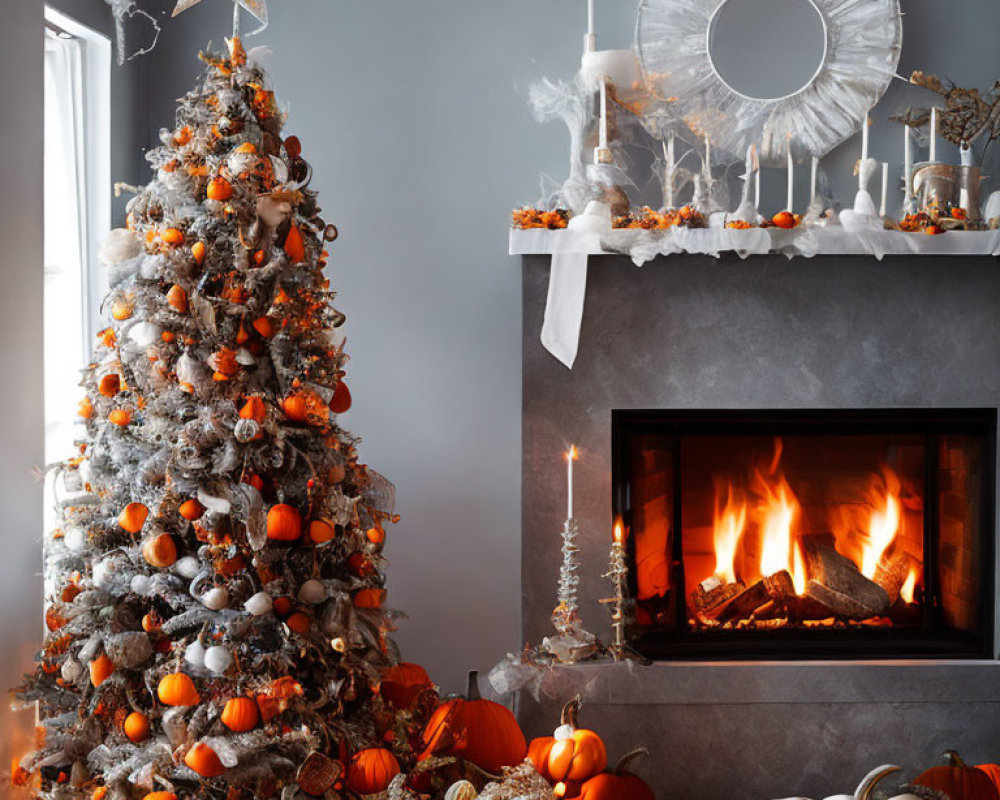 Festive Christmas tree with orange ornaments, pumpkins, fireplace with candles.