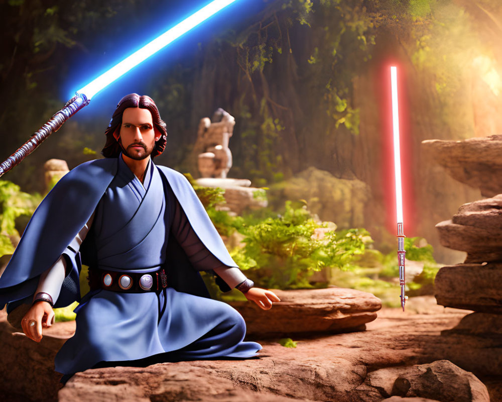 Blue and red lightsabers in serene forest setting