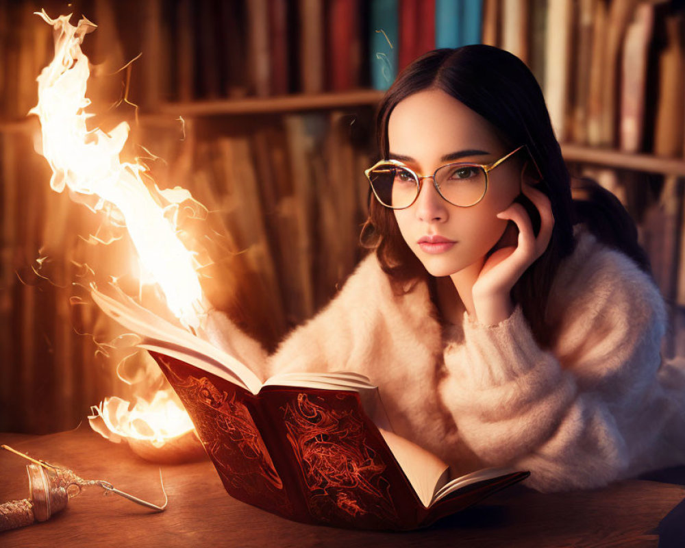 Woman in glasses reads glowing magical book with quill on table, surrounded by book-filled shelves.