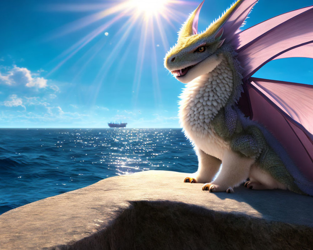 Majestic dragon on cliff by sea with ship in distance