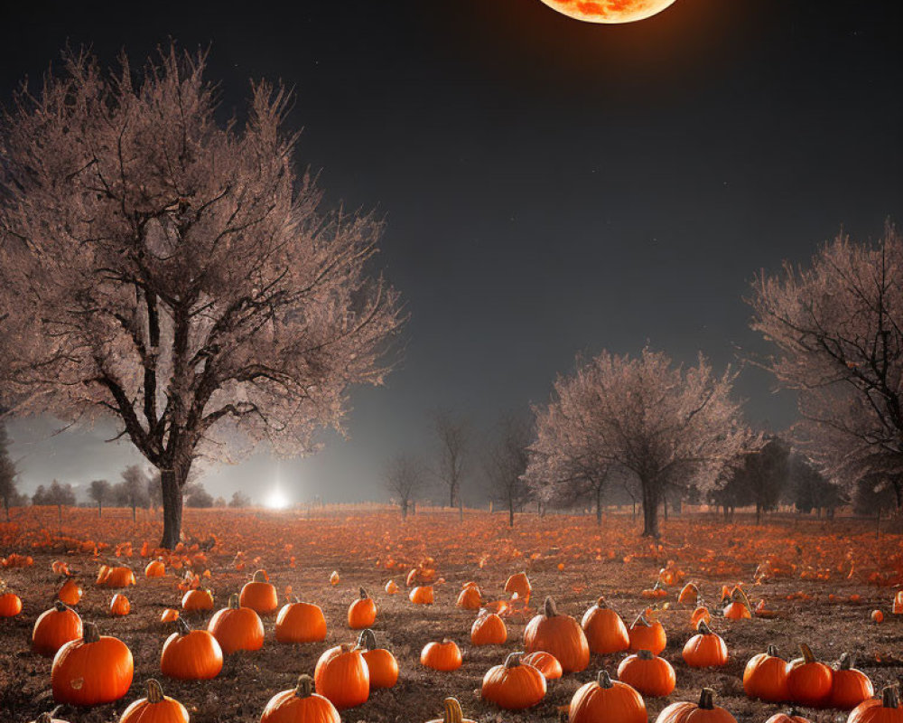 Pumpkin Patch Night Scene with Red Moon