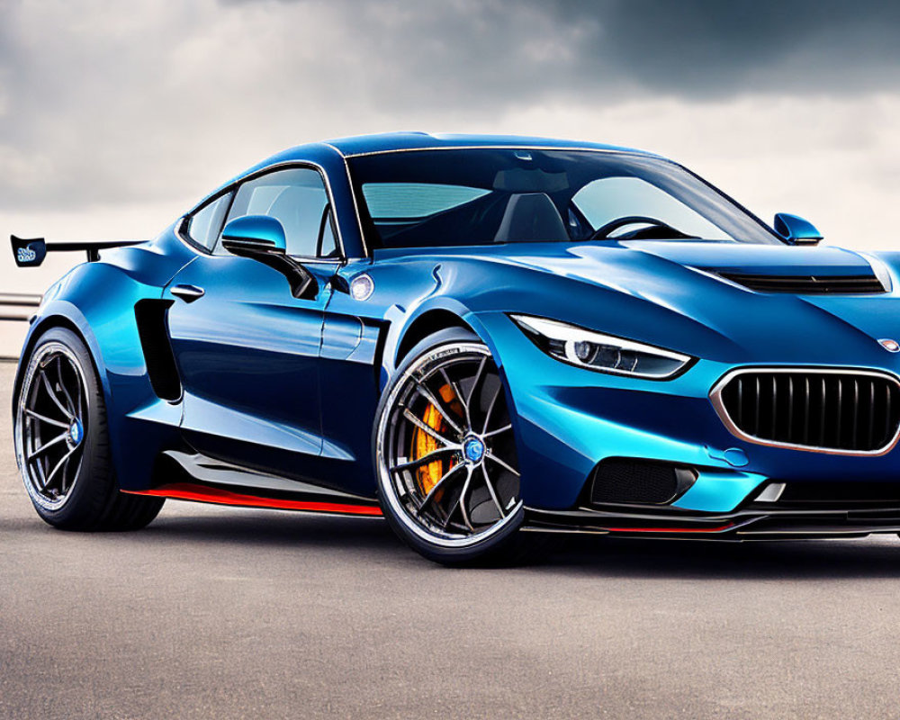 Blue Sports Car with Black Rims and Racing Stripes on Asphalt Against Cloudy Sky