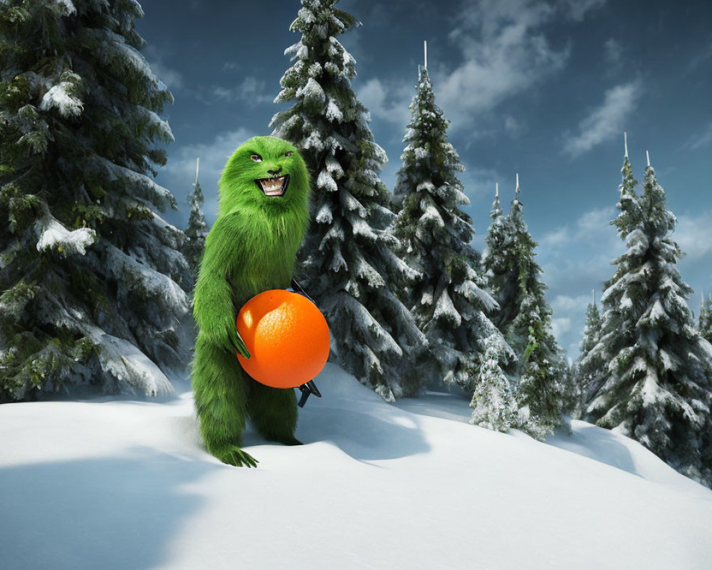 Green furry creature with orange ball in snowy forest with pine trees under blue sky