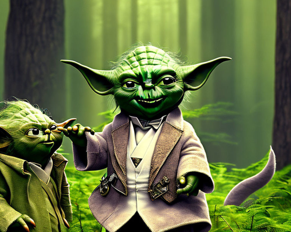 Miniature and large Yoda figures in forest setting, one cheerful, the other mischievous.