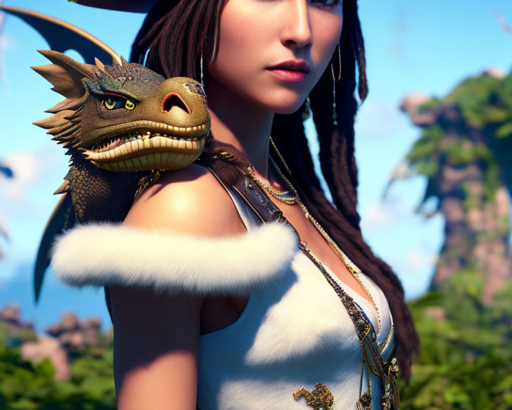 Digital Art: Woman with Pirate Theme and Dragon on Shoulder in Tropical Setting