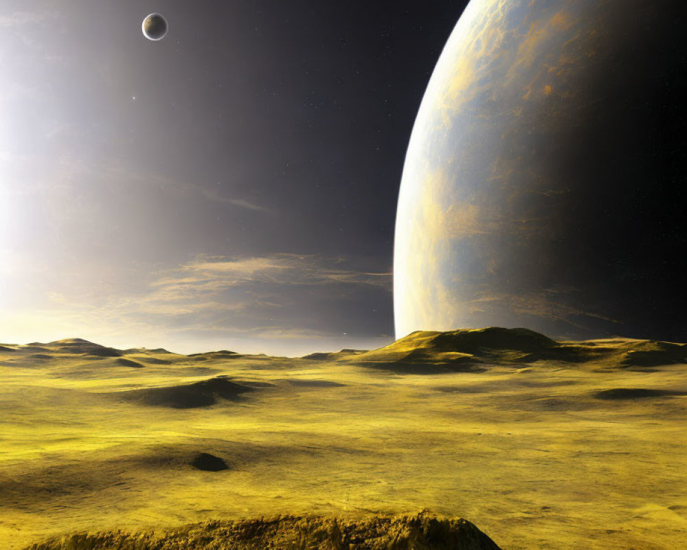 Barren landscape with rolling hills under starry sky and large planet.