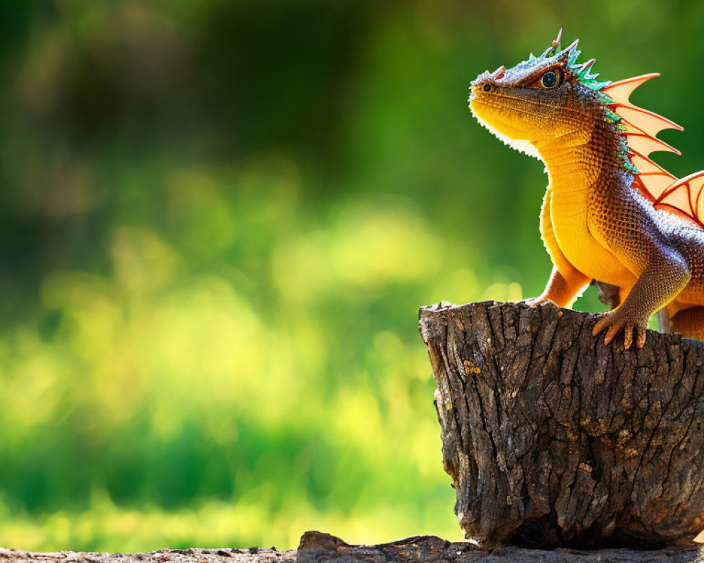 Colorful orange iguana with spiky crests on tree stump in green background