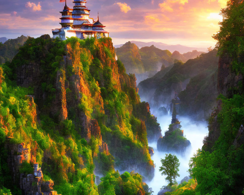 Traditional Pagoda on Misty Sunrise Mountain Range