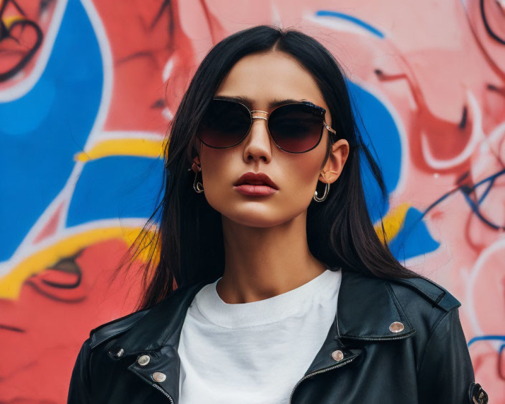 Woman in sunglasses and leather jacket against graffiti wall