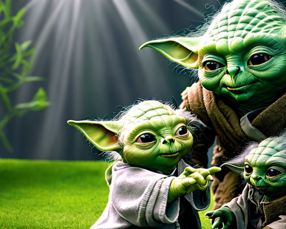 Three stylized Yoda characters in different sizes with bright light on grassy background