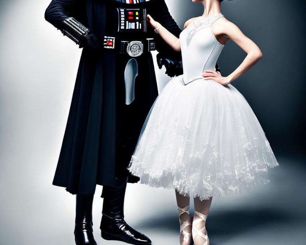 Darth Vader and ballerina in contrasting costumes on grey backdrop