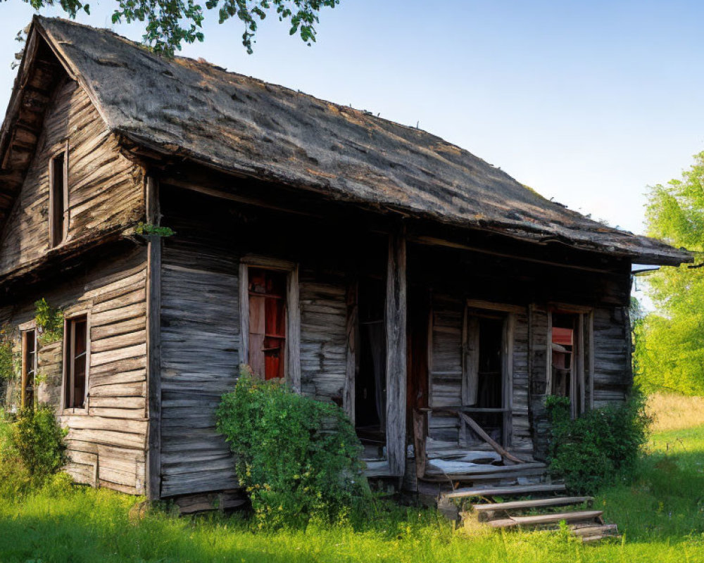 Weathered wooden house with red windows, surrounded by overgrown grass