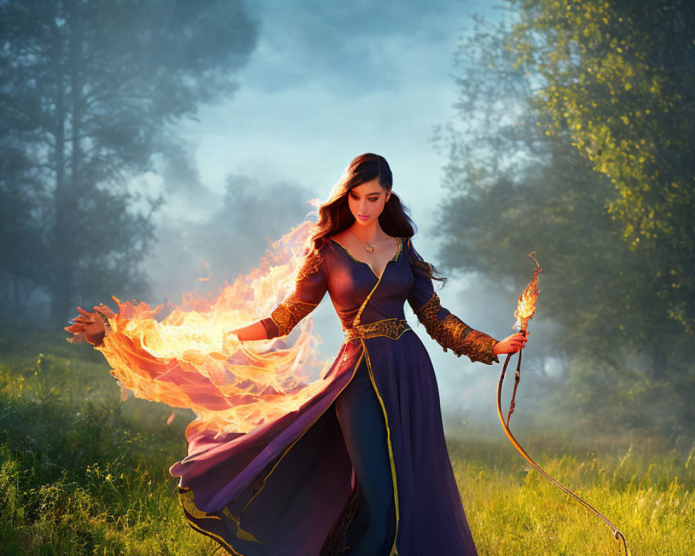 Medieval woman casting fire magic in misty forest at dusk