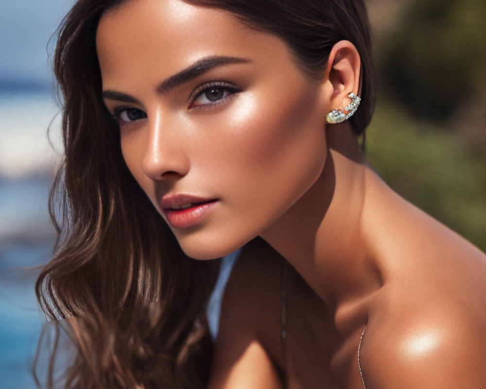 Tanned woman in blue top and earrings against beach backdrop