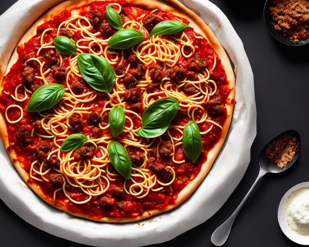 Pizza with tomato sauce, cheese, basil, meatballs, cherry tomatoes, spoon, and condiments