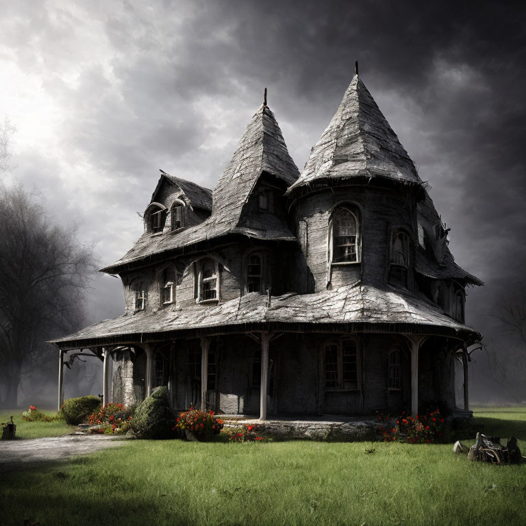 Dilapidated Victorian house with twin turrets in eerie setting