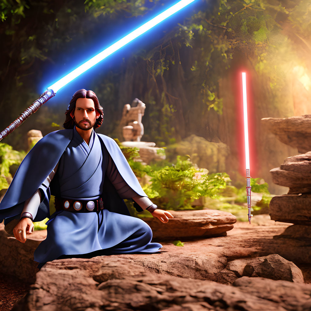 Blue and red lightsabers in serene forest setting