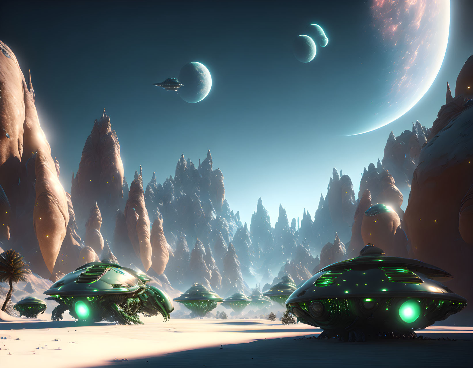 Futuristic sci-fi landscape with towering rock formations and multiple moons or planets.