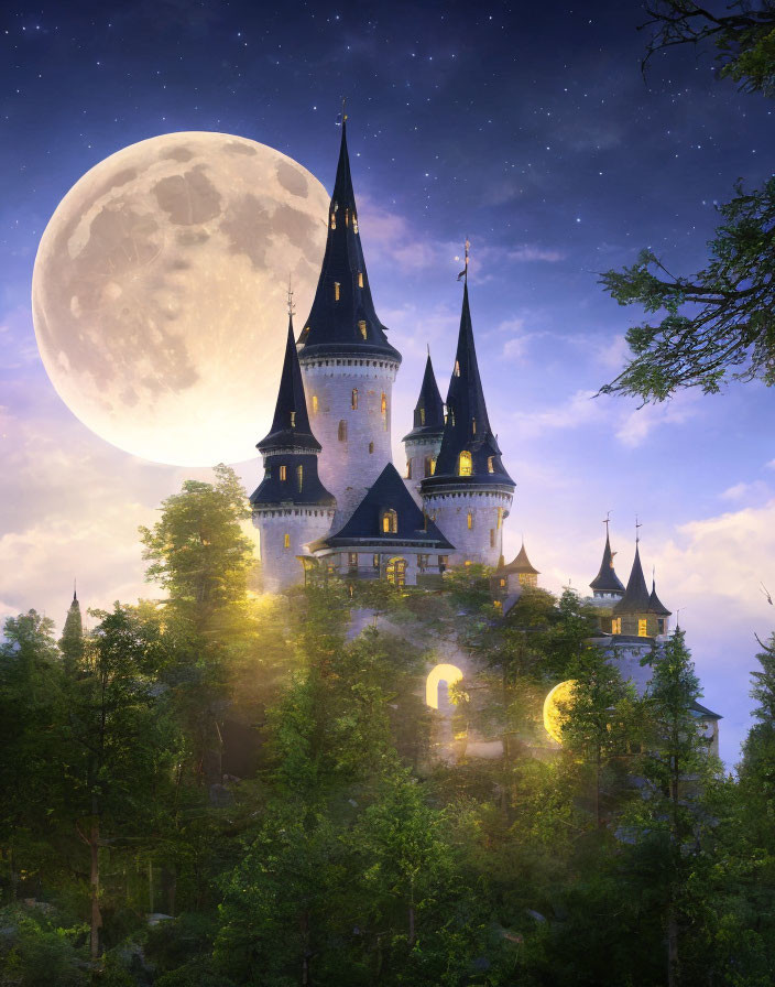 Castle on Forested Hill under Starry Night Sky with Full Moon