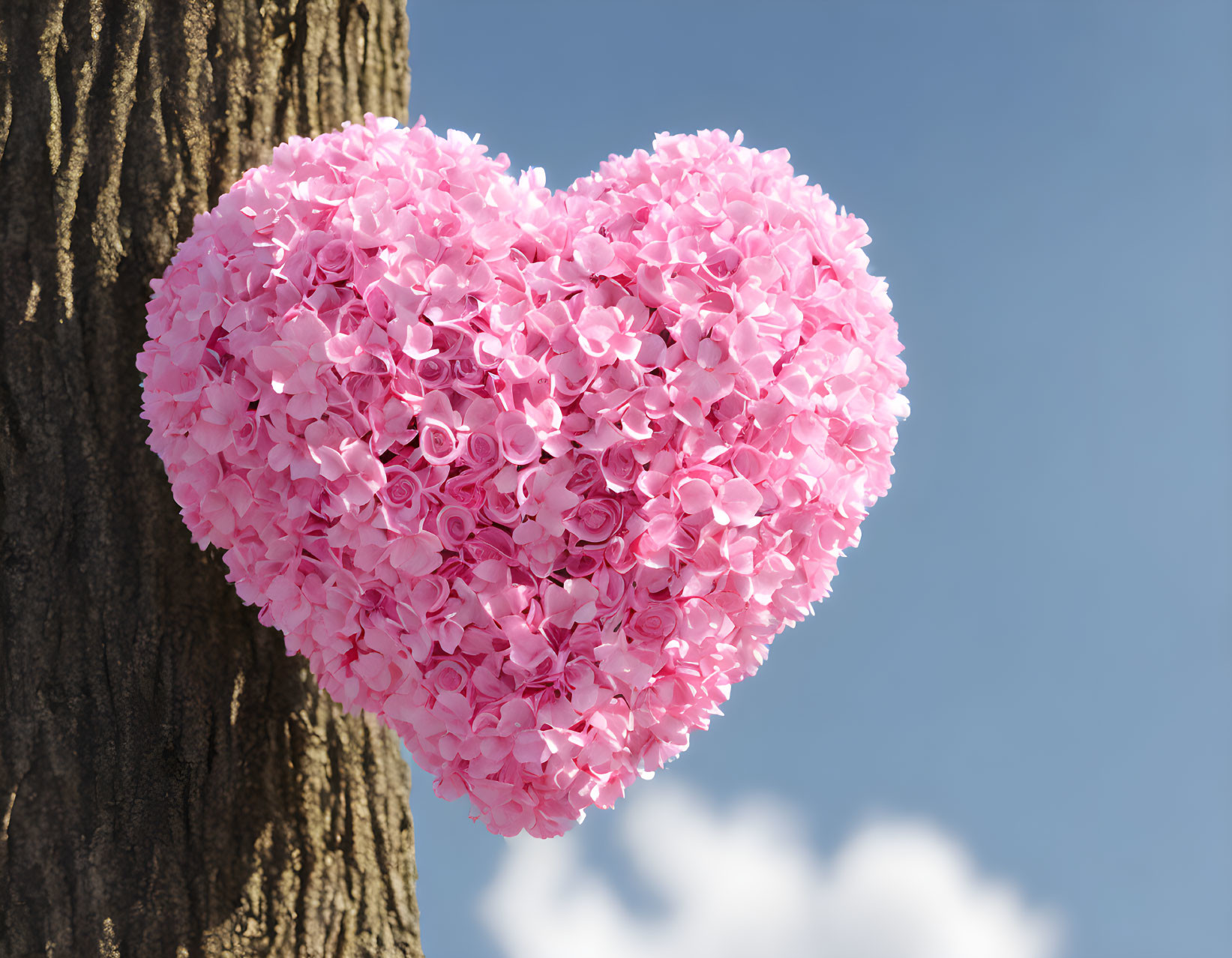 Heart-shaped pink flower wreath on tree trunk under clear blue sky