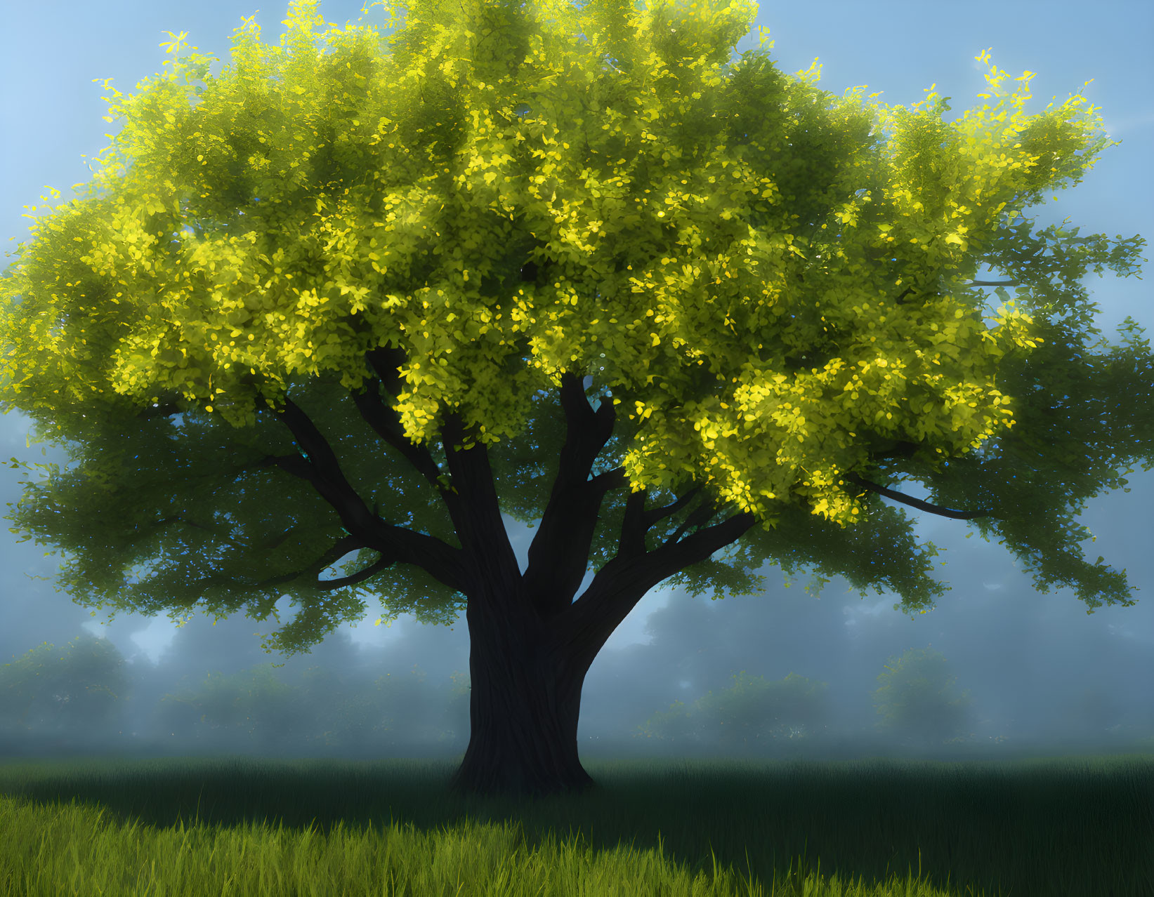 Majestic tree with lush green leaves in misty landscape