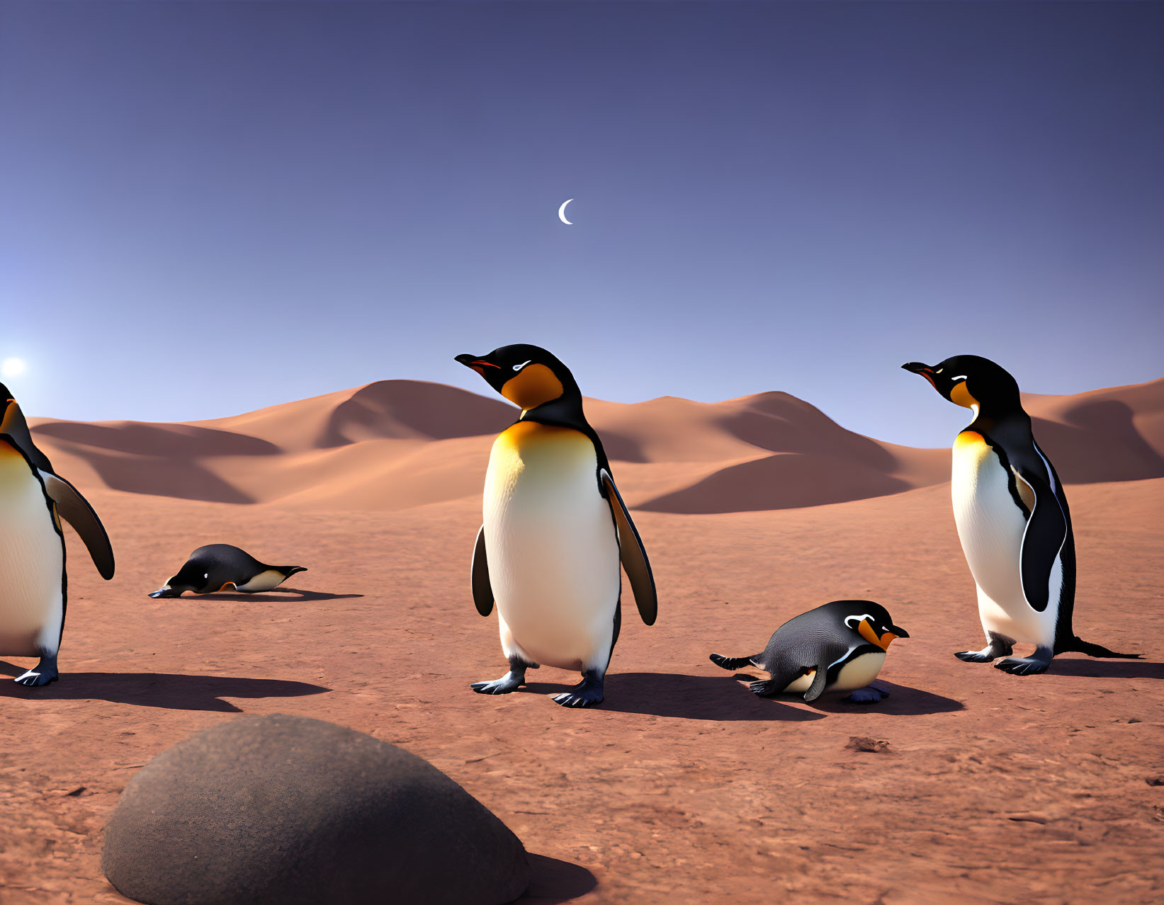 Animated penguins in desert landscape with dunes and crescent moon