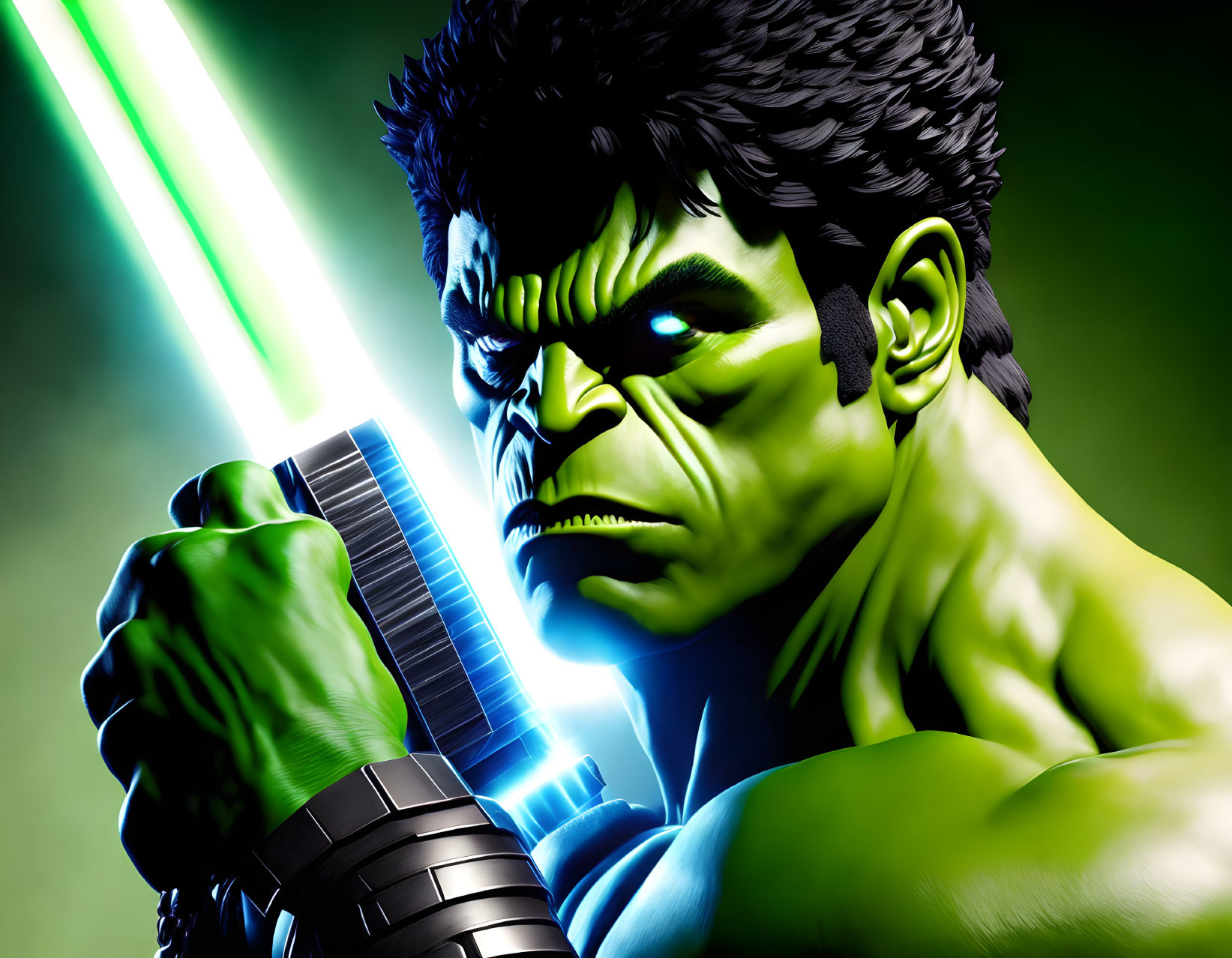 Serious Hulk 3D illustration with crossed green lightsabers