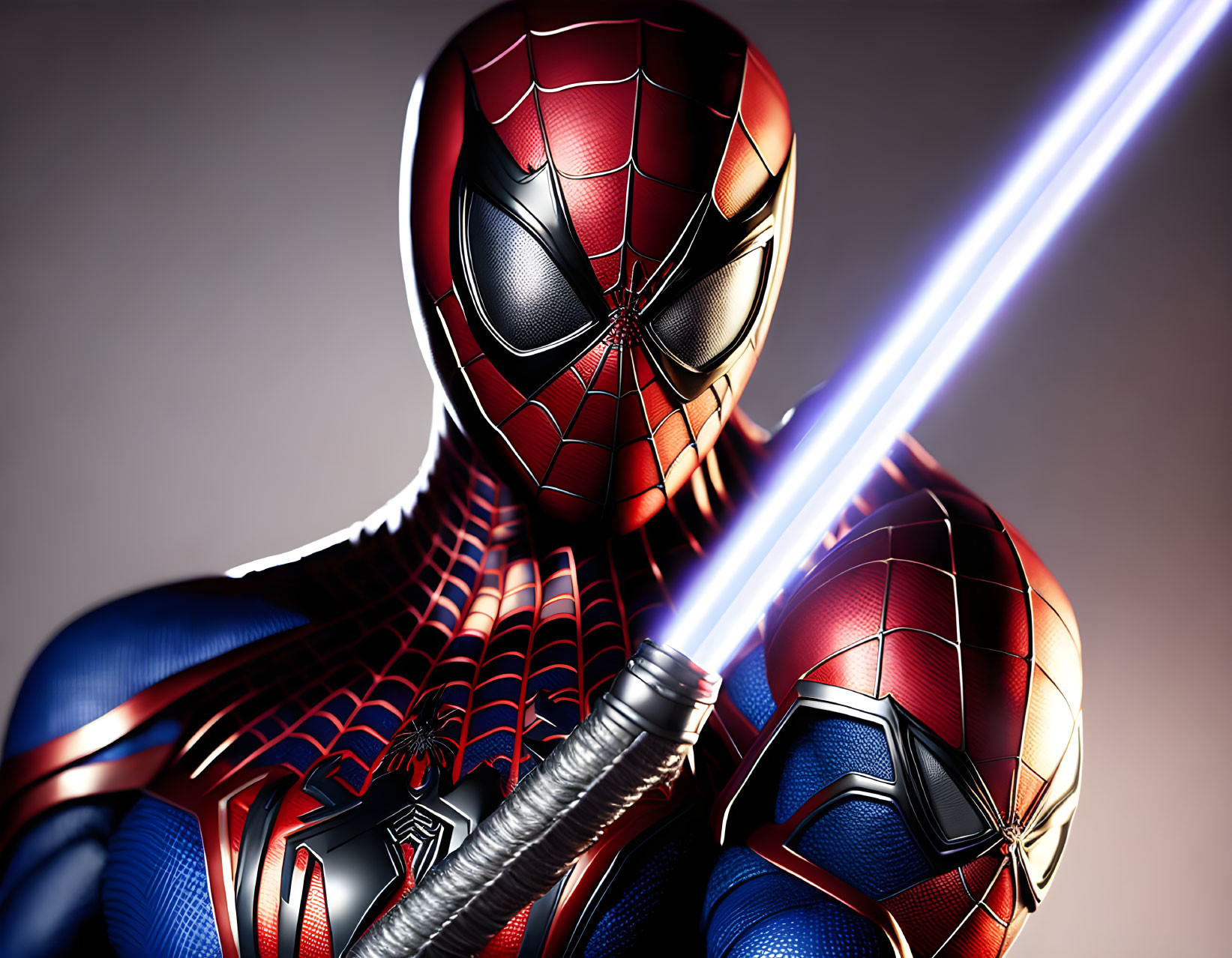 Detailed Spider-Man Costume with Blue Lightsaber Pose