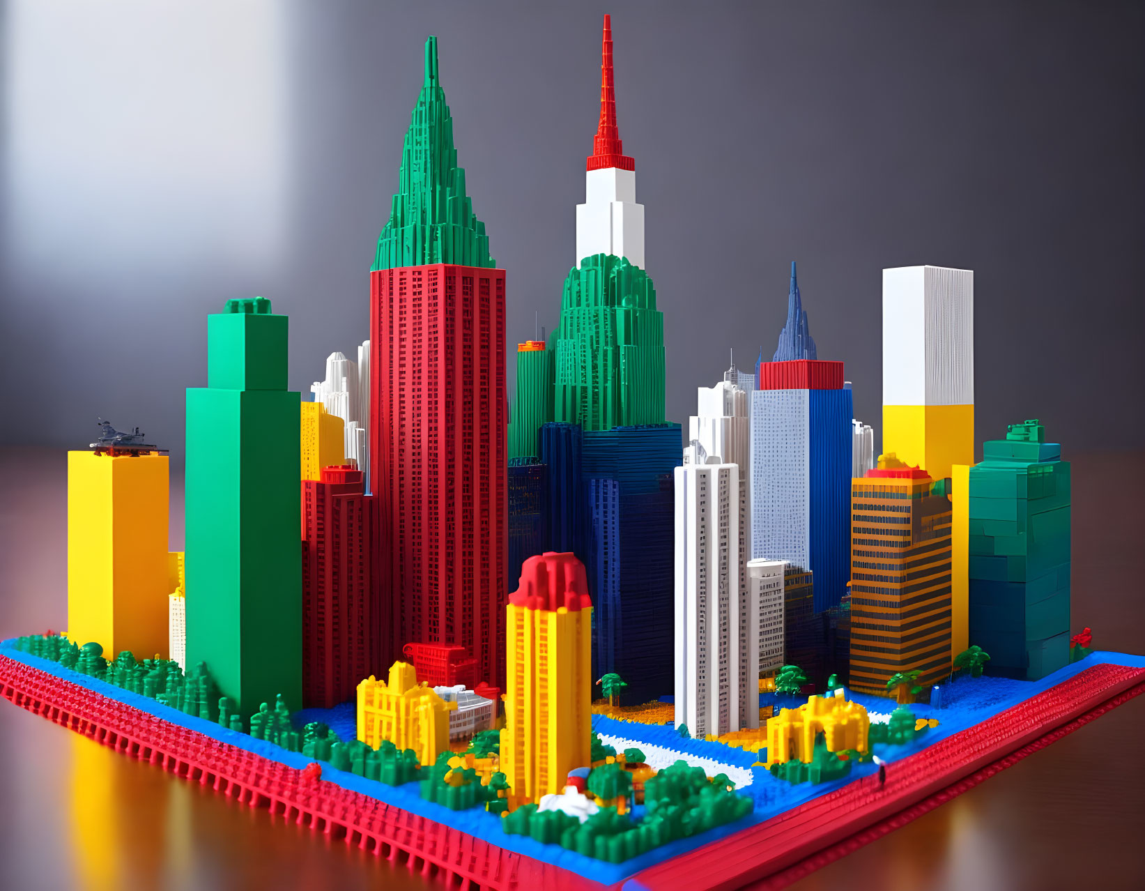 Vibrant LEGO cityscape with skyscrapers and blue river on hazy backdrop