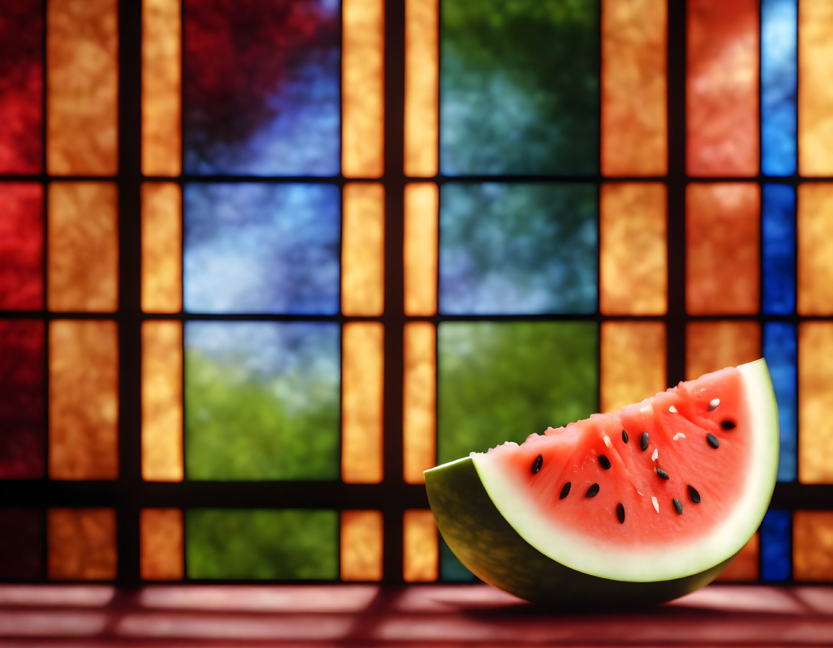 Ripe watermelon slice with seeds on table near vibrant stained-glass window