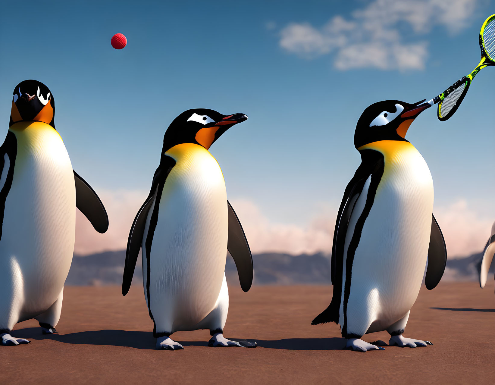 Animated penguins playing tennis on sandy surface