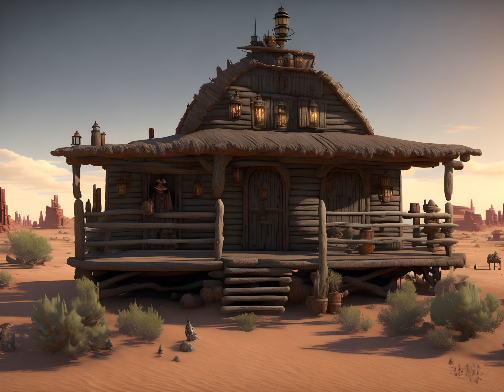 Rounded roof log cabin in desert sunset with cacti & weathered wood