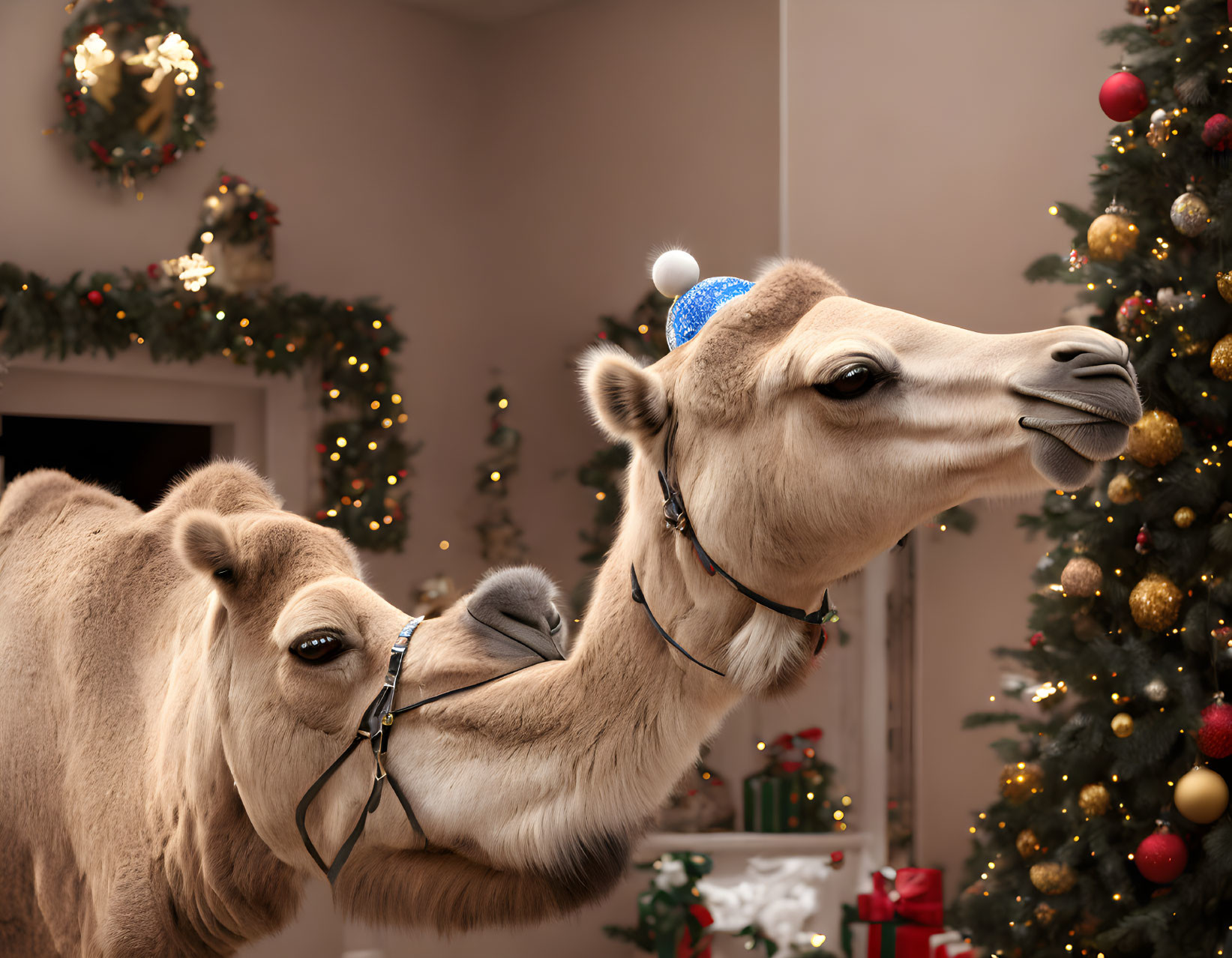 Camels with bridles and Christmas decorations in a festive room