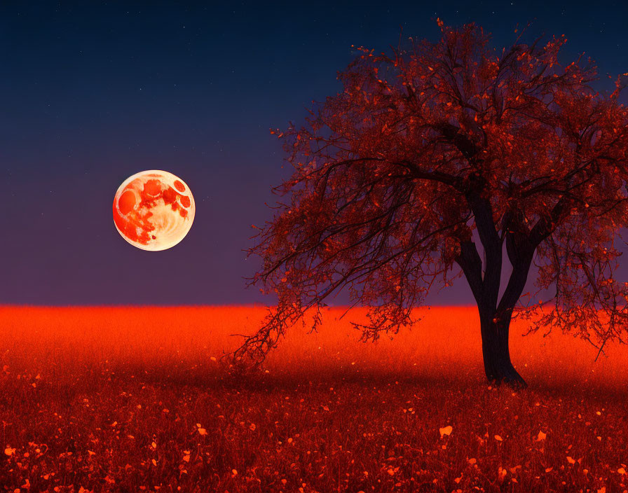 Lone tree in red field under night sky with full moon