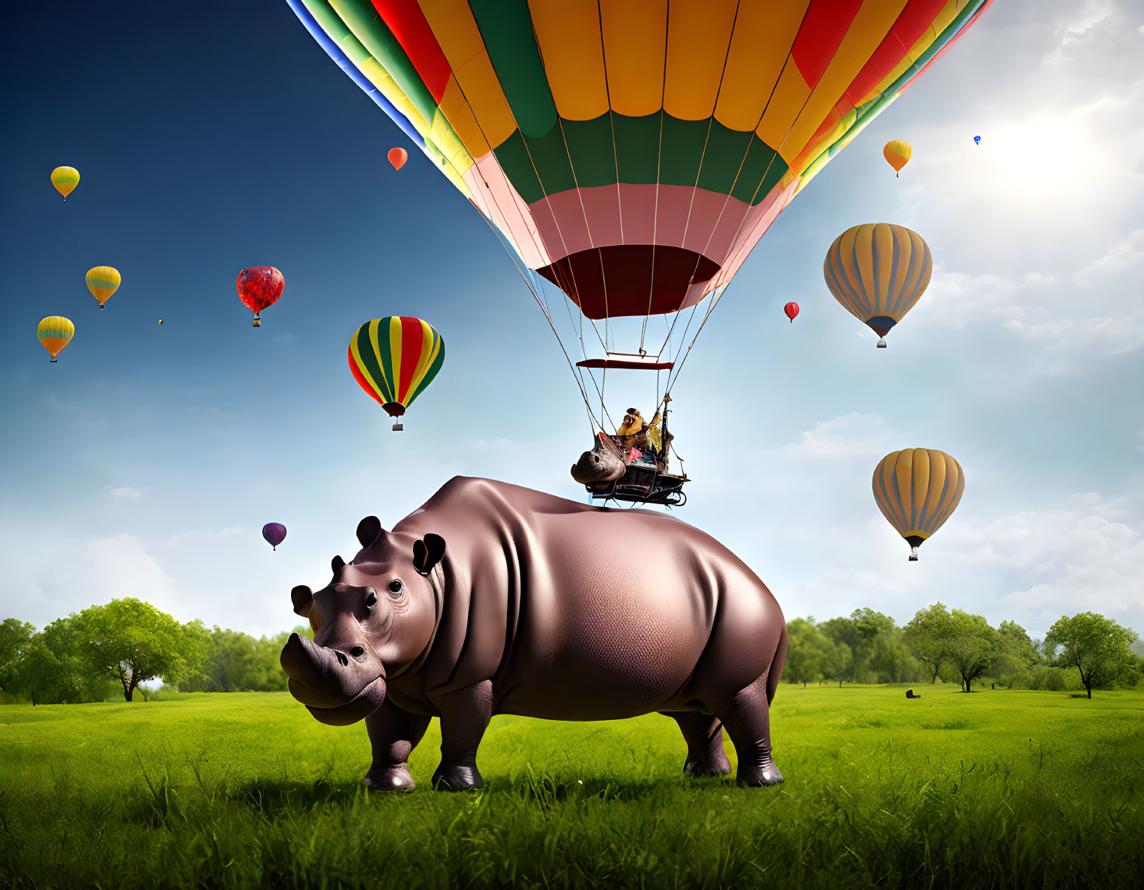 Hot air balloon lands on hippopotamus in grassy field surrounded by balloons