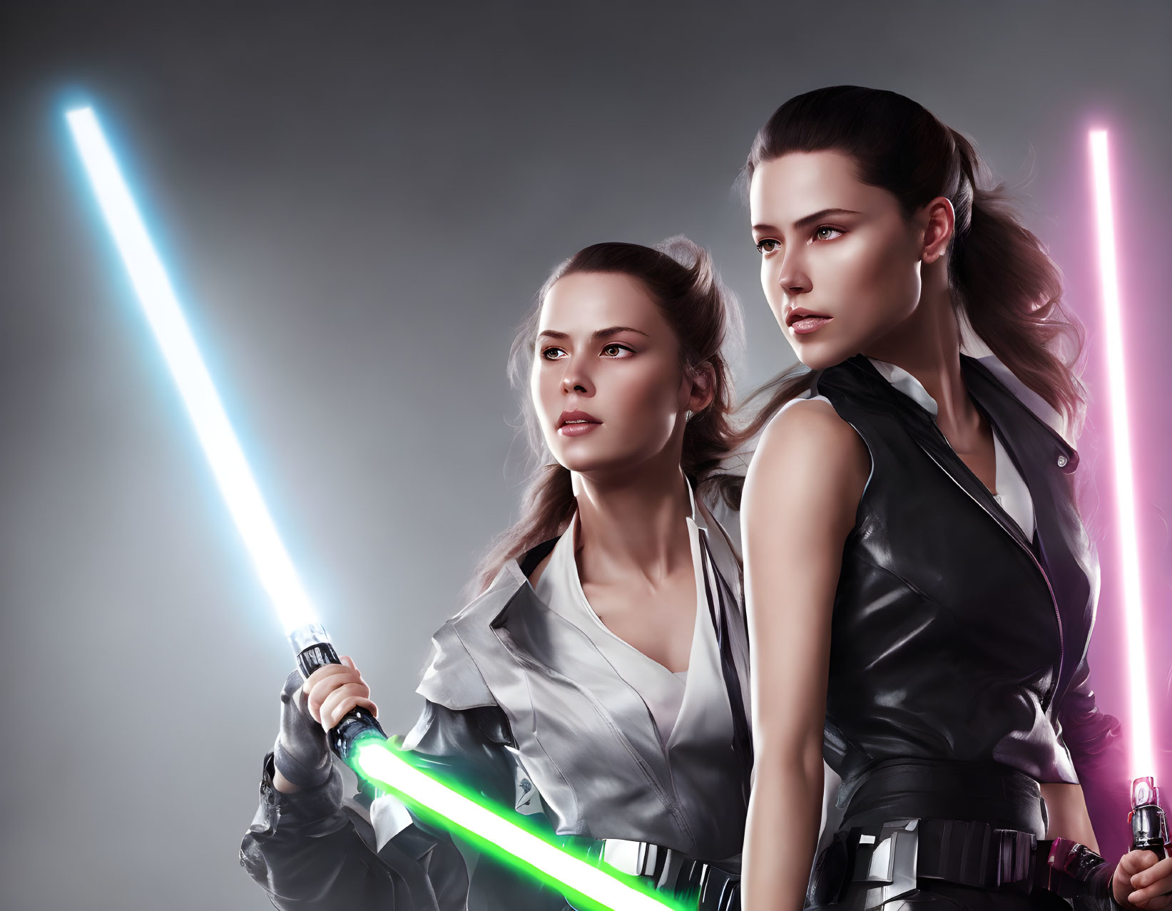 Two women with blue and green lightsabers in sci-fi attire on grey background