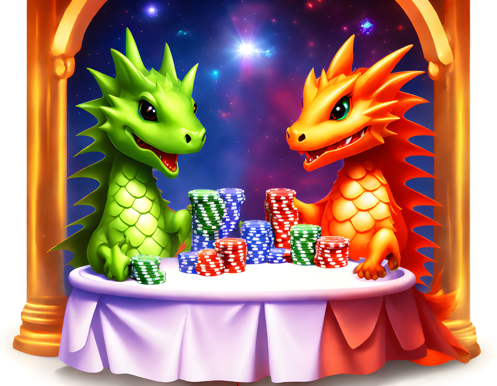 Colorful Cartoon Dragons with Poker Chips in Arch Frame