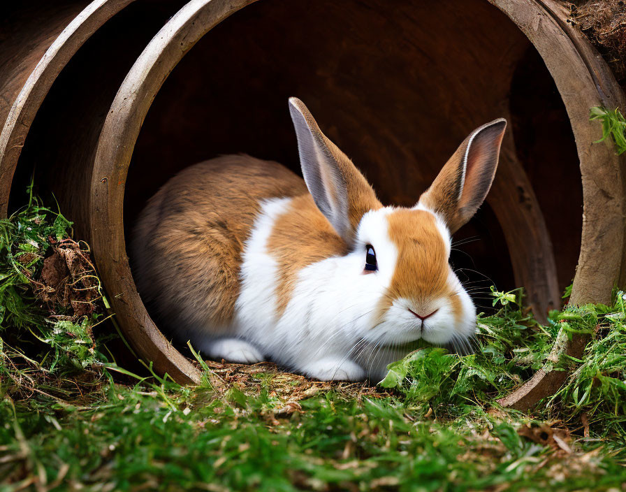 Brown and White Rabbit Resting in Wooden Log on Green Grass