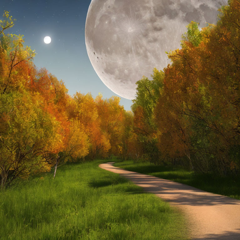 Forest Path with Autumn Trees Under Night Sky and Oversized Moon