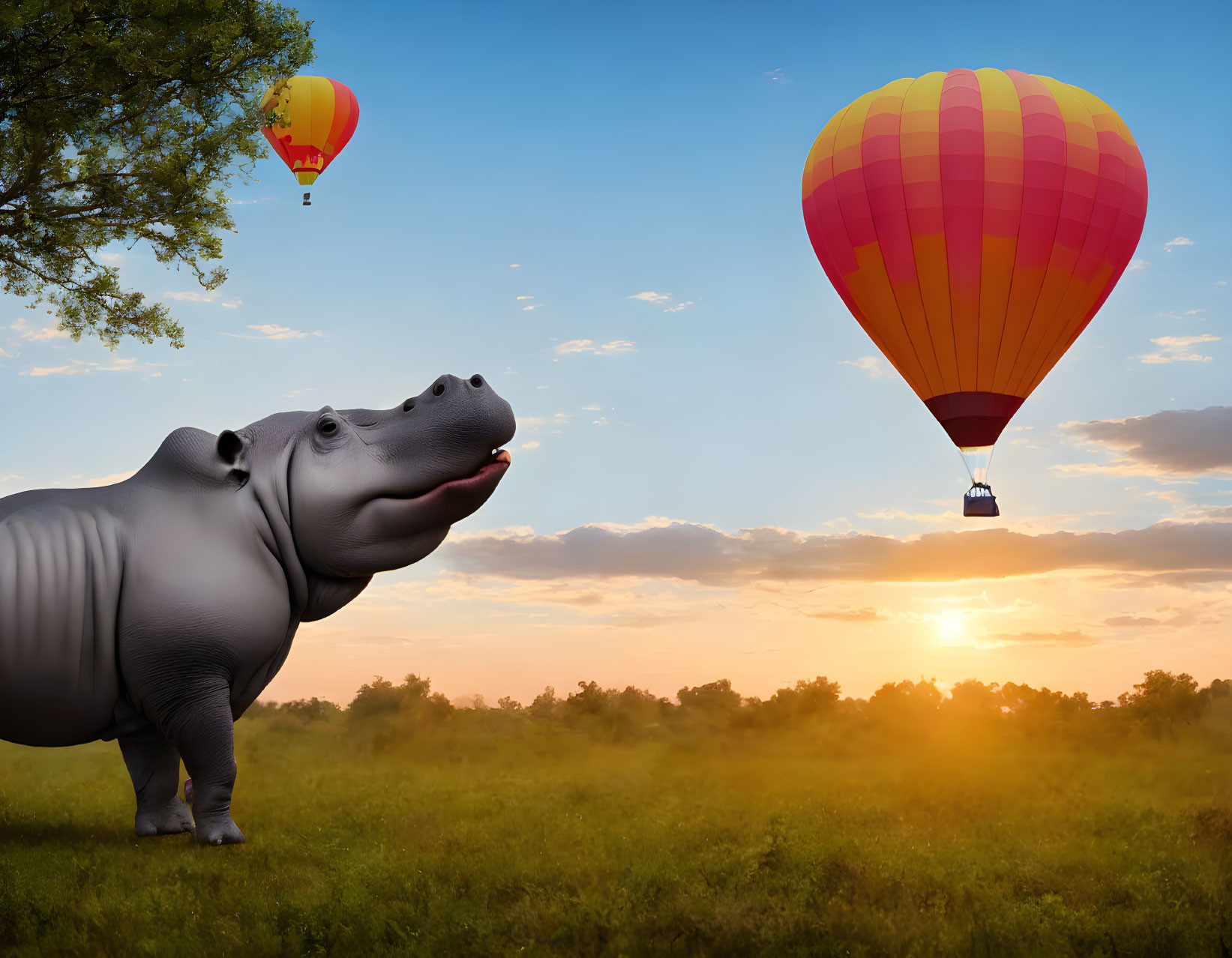 Hippopotamus in savannah with sunset and hot air balloons