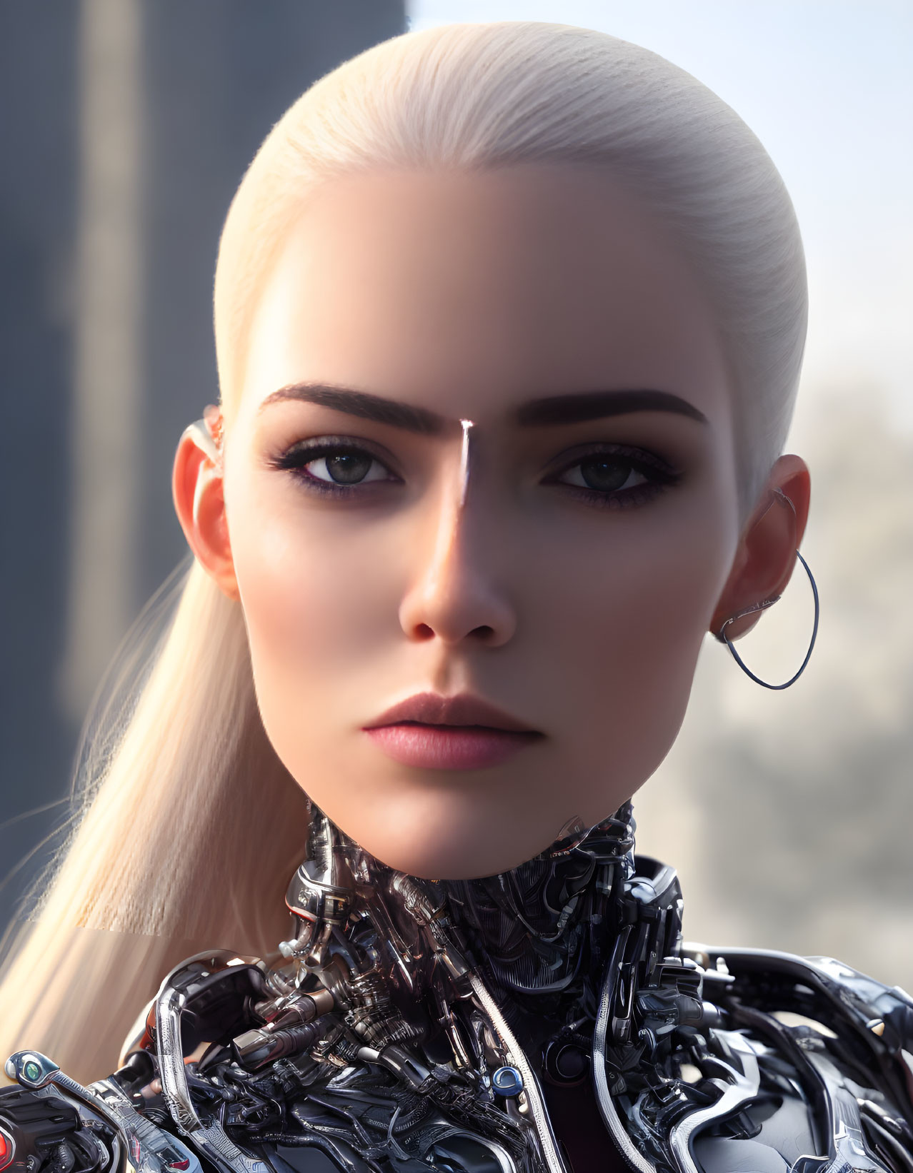 Realistic female android with platinum blonde hair and cybernetic body