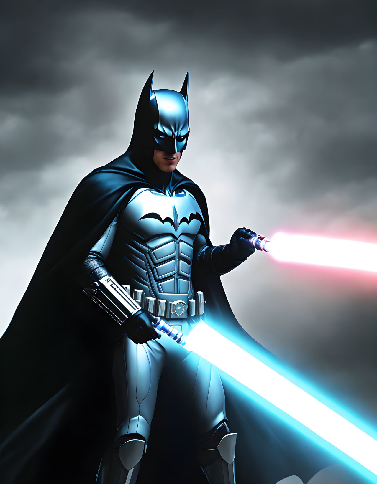 Dark-suited Batman with lightsaber against dramatic cloud backdrop.