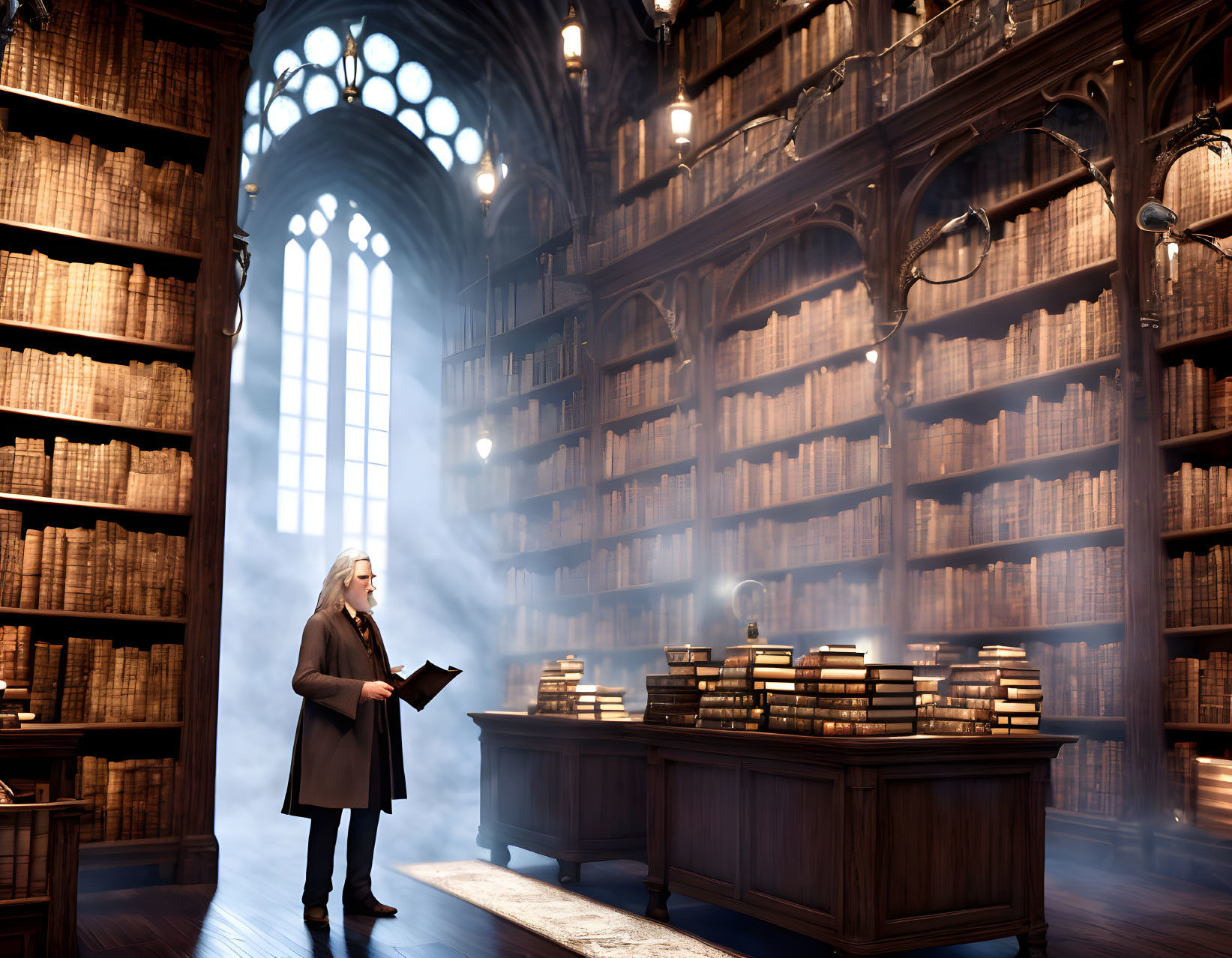 Elder gentleman reading in sunlit grand library