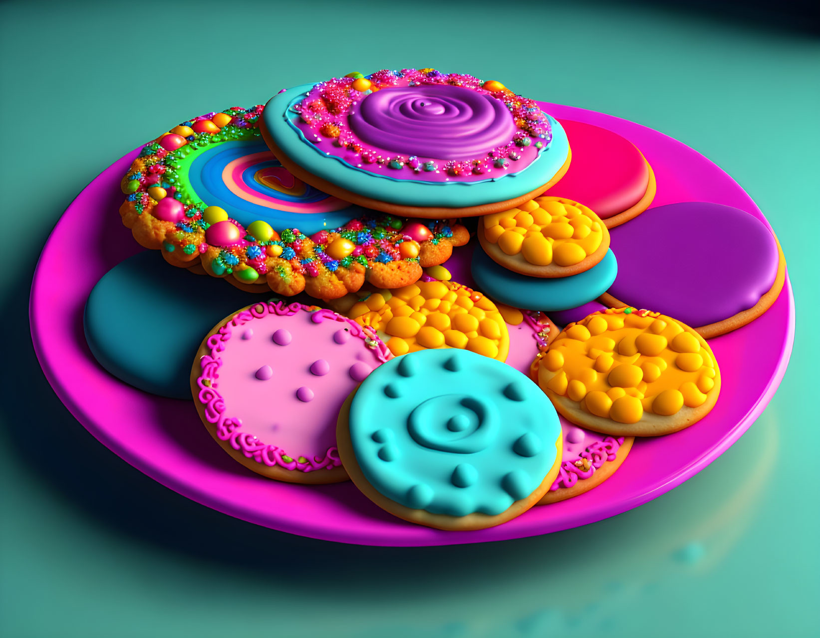 Assorted colorful textured spheres on bright pink plate