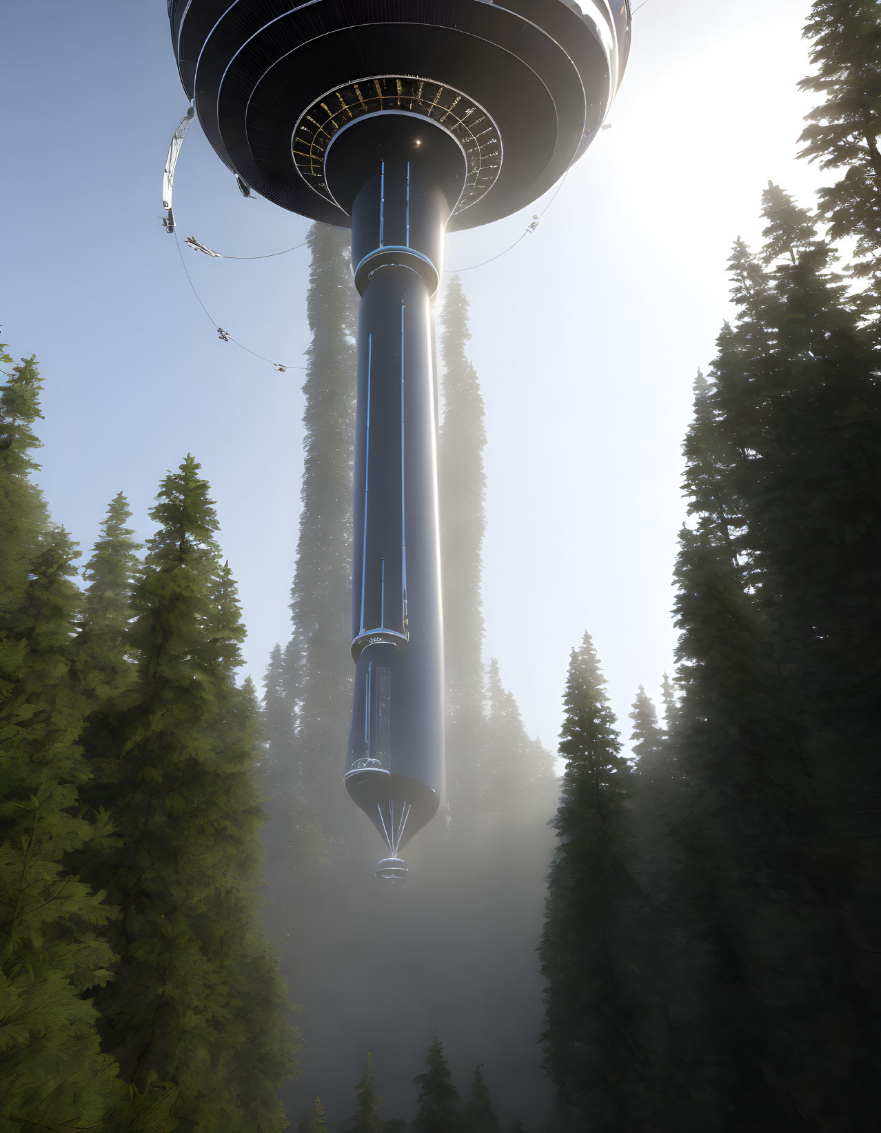 Futuristic tower with ringed top in misty forest landscape