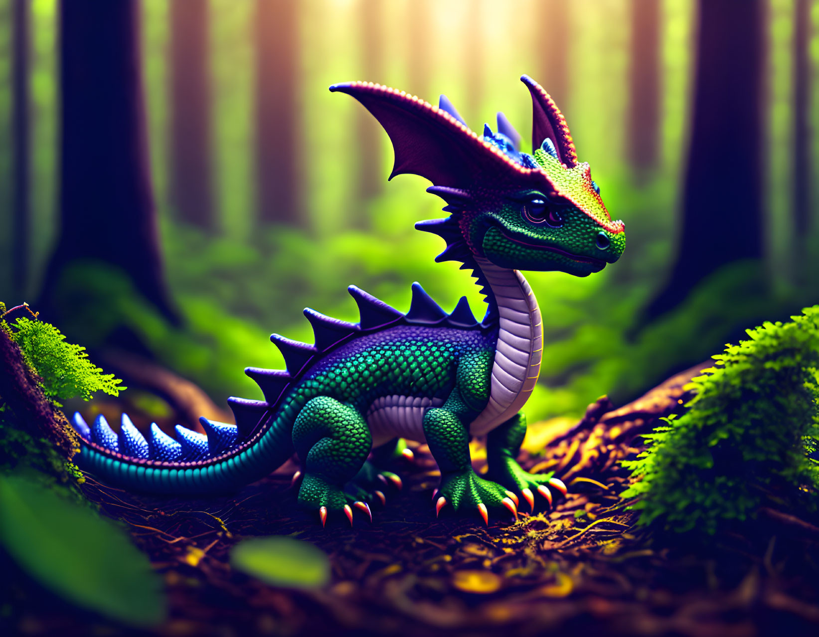 Fantasy dragon in mystical forest with sunlight filtering.