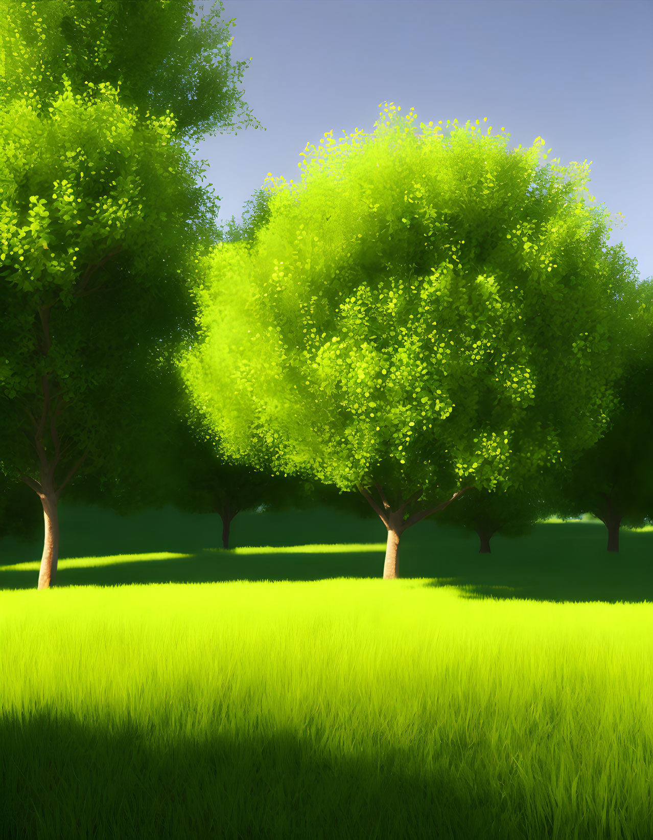 Serene sunlit field with vibrant green trees