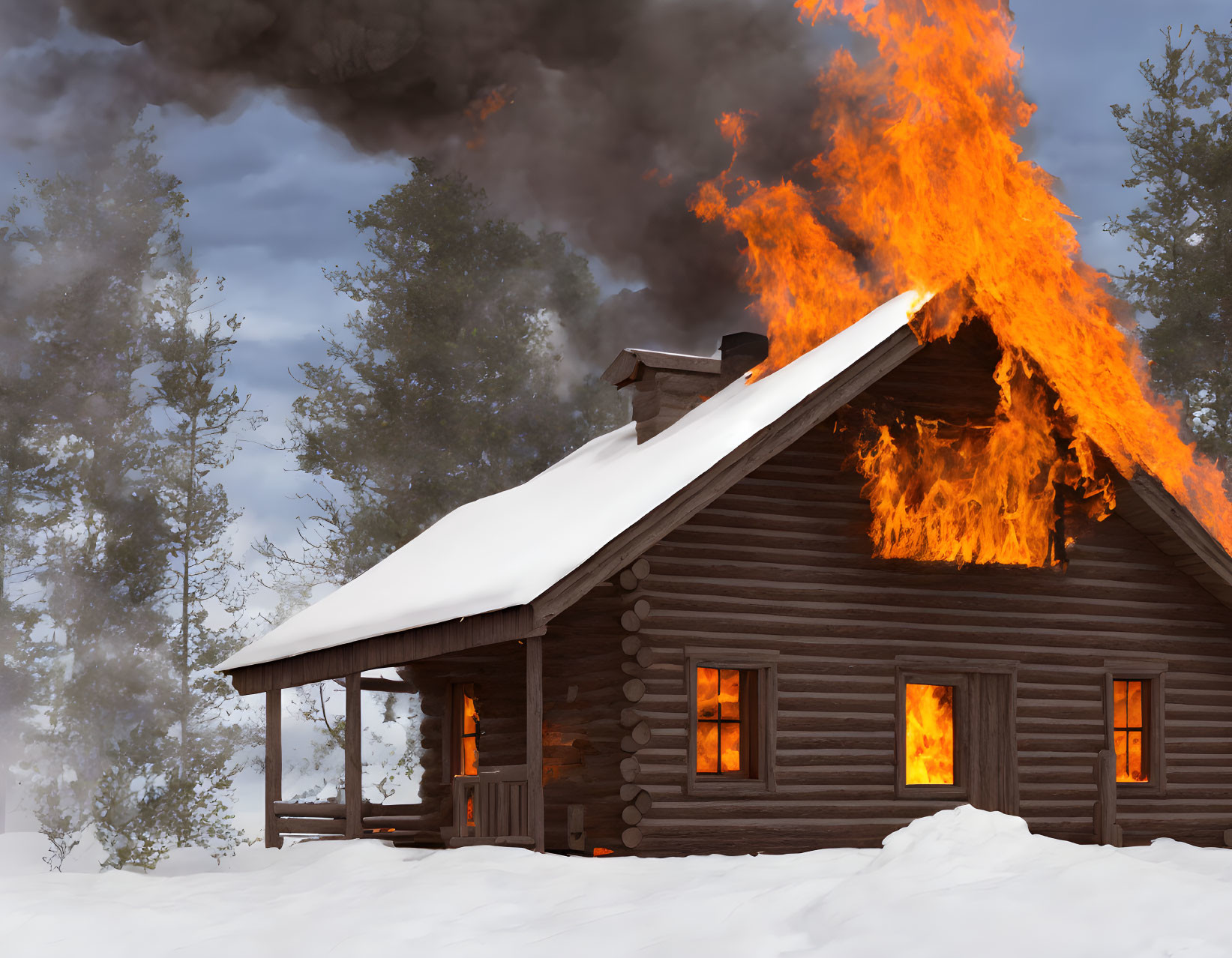 Burning wooden cabin in snowy forest with dense smoke