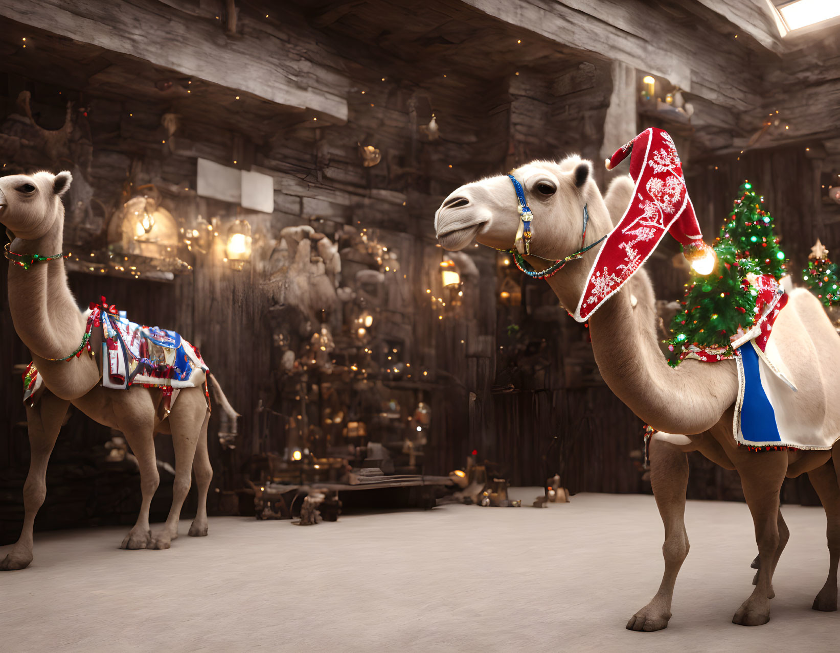 Decorated camels in festive wooden room with Christmas lights and Santa hat.