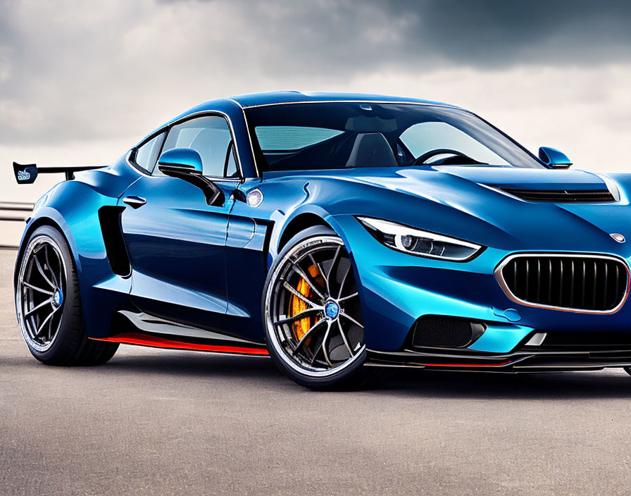 Blue Sports Car with Black Rims and Racing Stripes on Asphalt Against Cloudy Sky